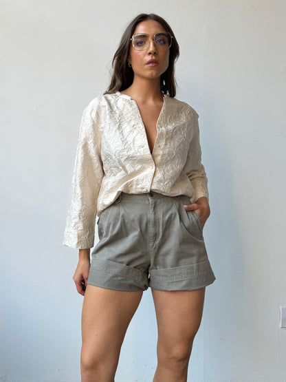 Olive Pleated Waist Shorts - 4