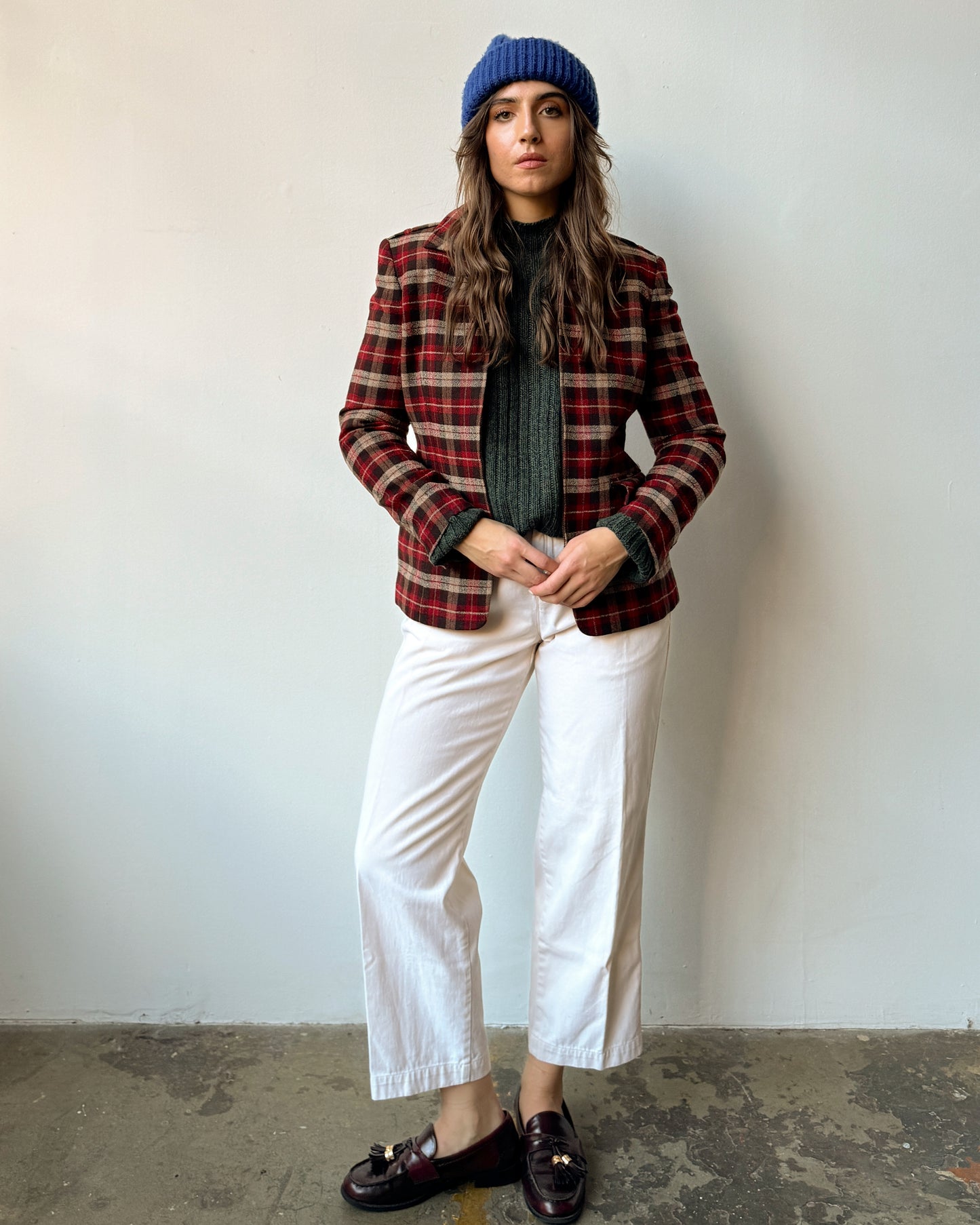 Red Plaid Wool Blazer Jacket - S