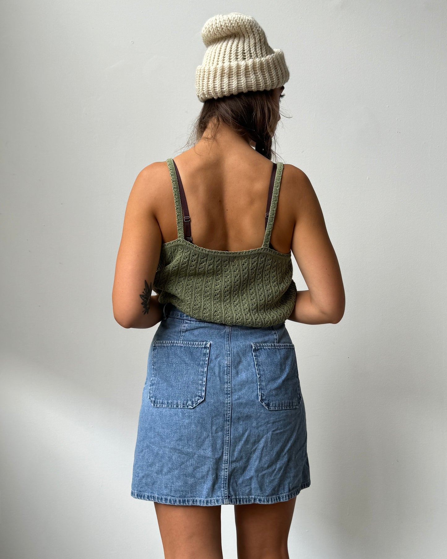 90's Sage Green 100% Cotton Crochet Tank Top - M/L