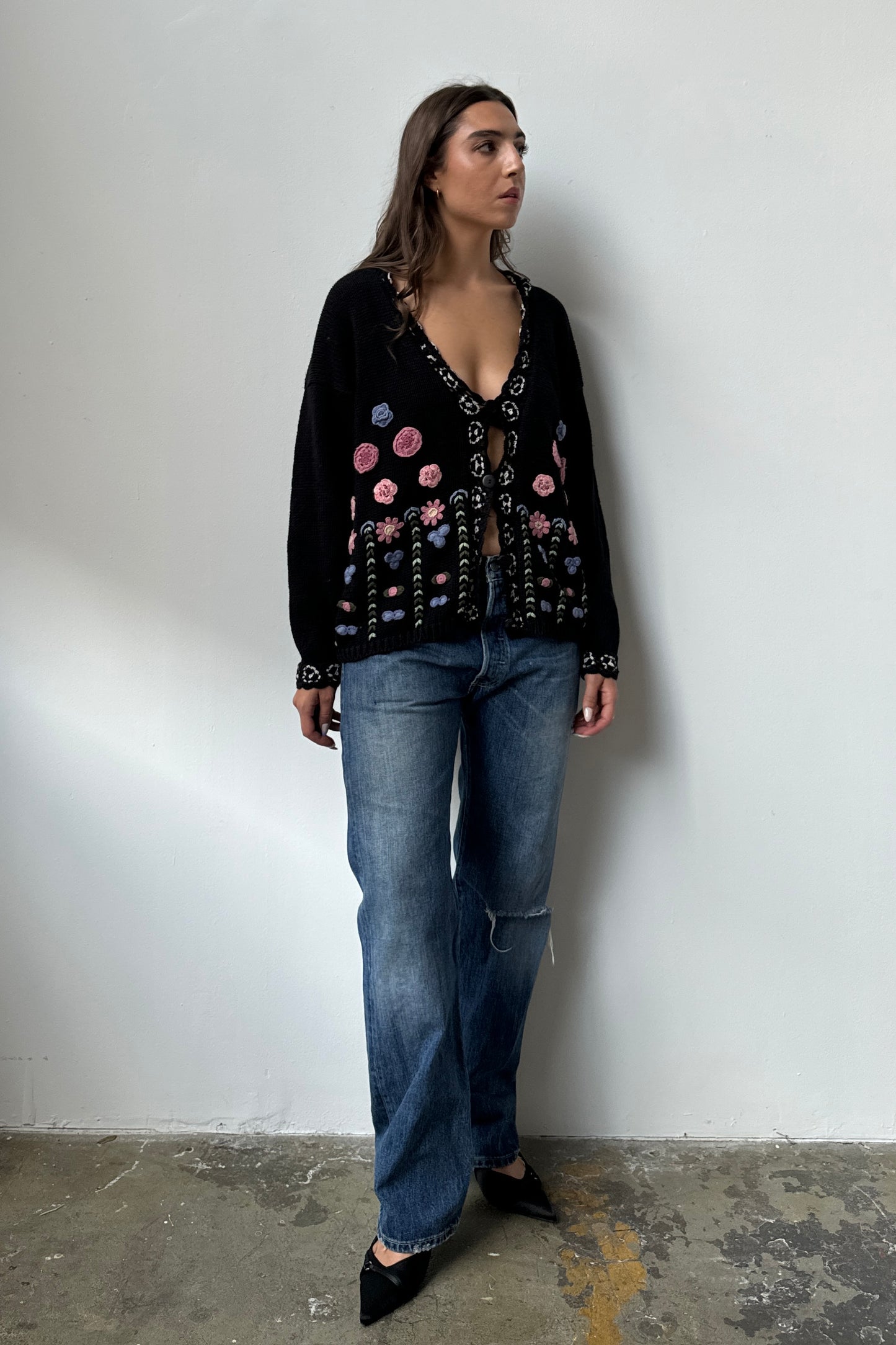 80’s Floral Chunky Knit Cardigan - M/L/XL