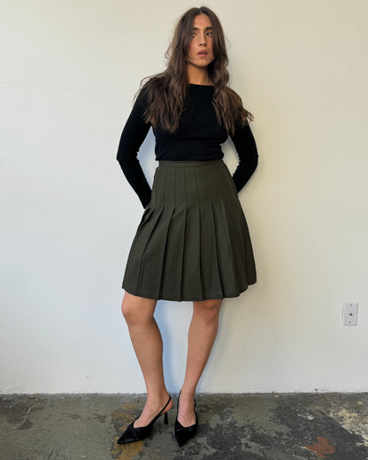 Olive Wool Pleated Skirt- 2