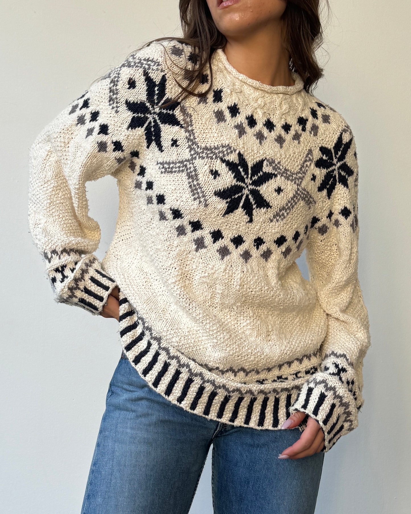 Snowflake Motif Mockneck Cotton Blend Sweater- M