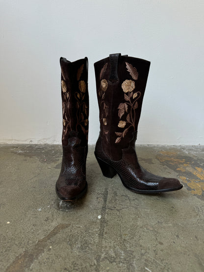 Antonio Melani Chocolate Embroidered Cowboy Boots- 6.5