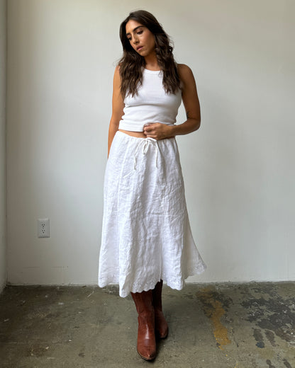 90's/Y2K 100% Linen Embroidered Eyelet Hem Midi Skirt- S/M/L