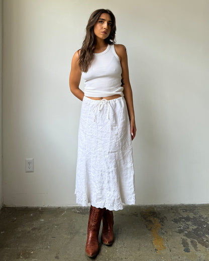 90's/Y2K 100% Linen Embroidered Eyelet Hem Midi Skirt- S/M/L