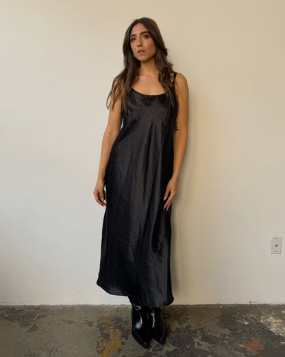 Ink Black Satin Maxi Dress - M-XL