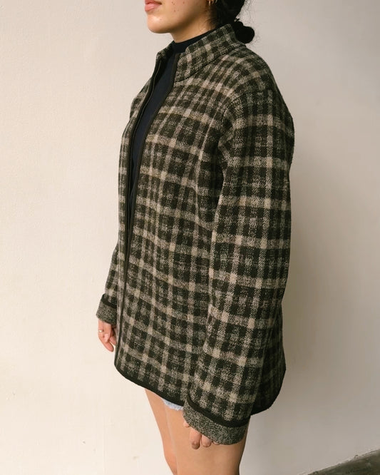 Chocolate Checked Merino Wool Zip Front Shacket- L/XL