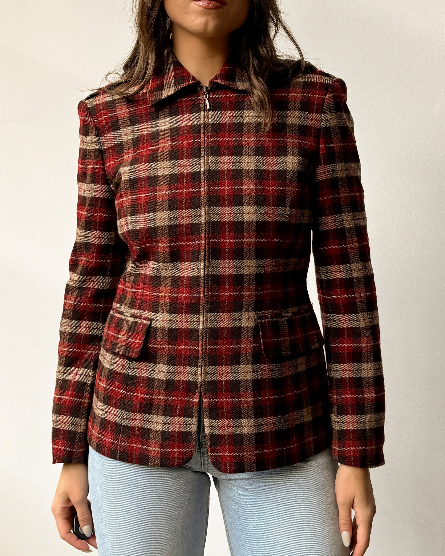 Red Plaid Wool Blazer Jacket - S