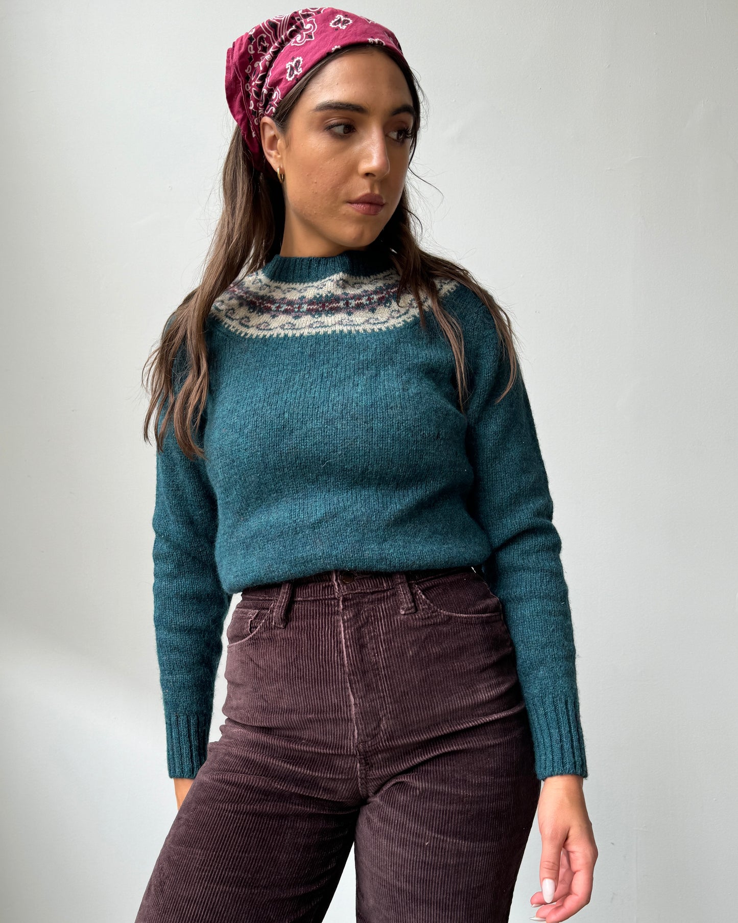 Deep Teal 100% Wool Icelandic Fair Isle Sweater- S/M