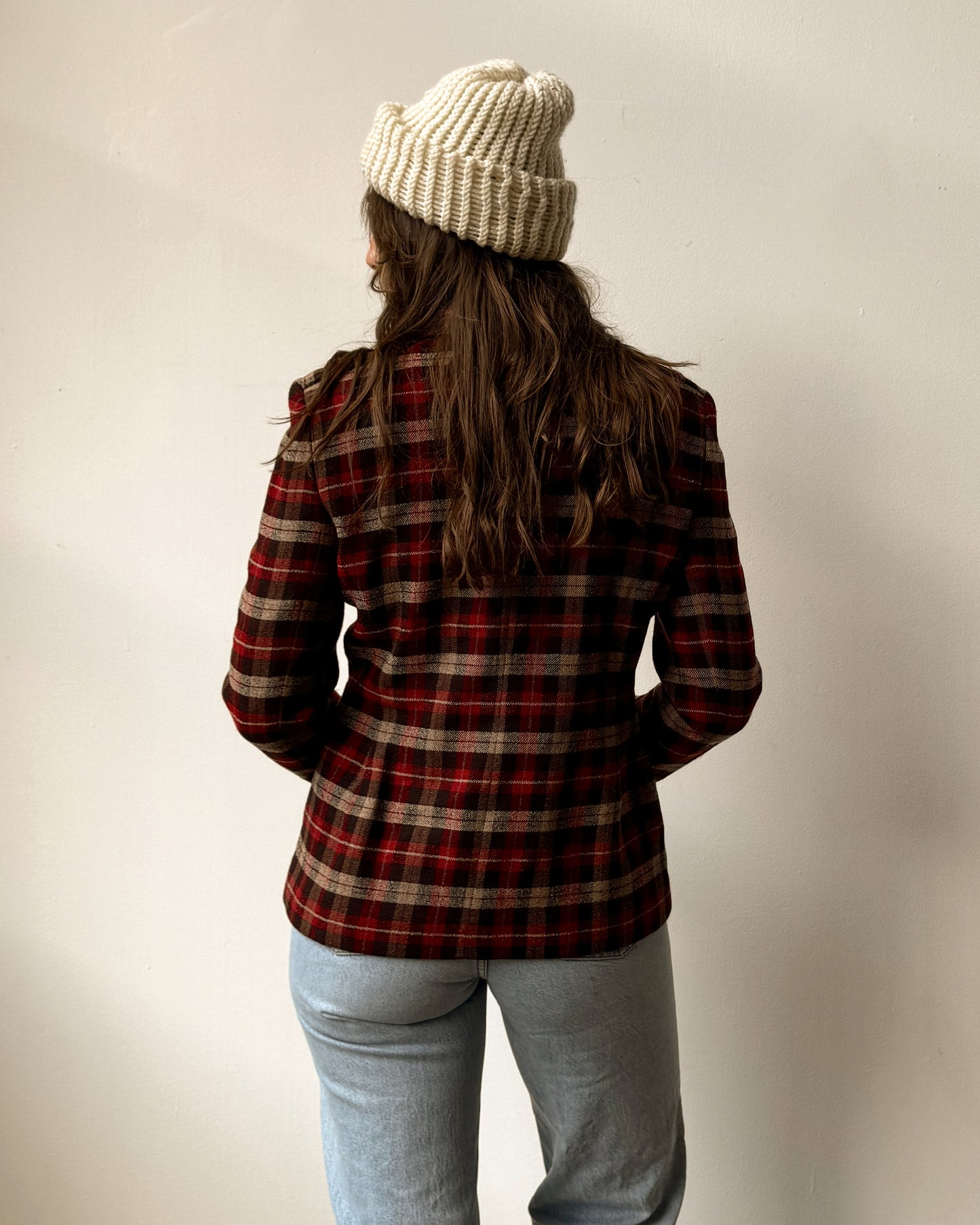 Red Plaid Wool Blazer Jacket - S