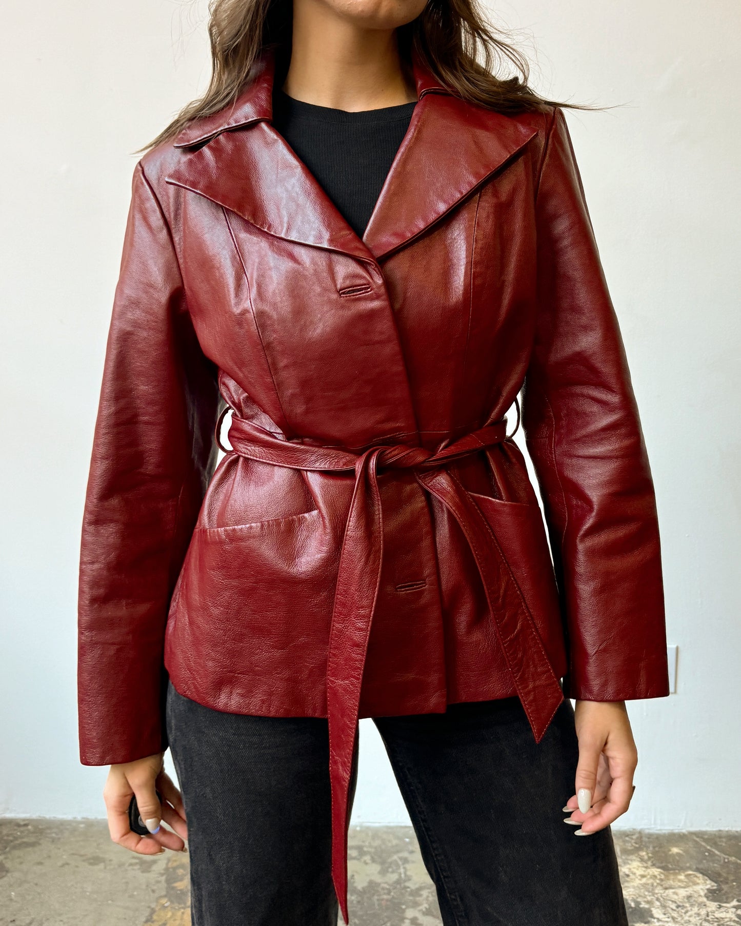 Cherry Leather Tie Waist Jacket - S/M/L