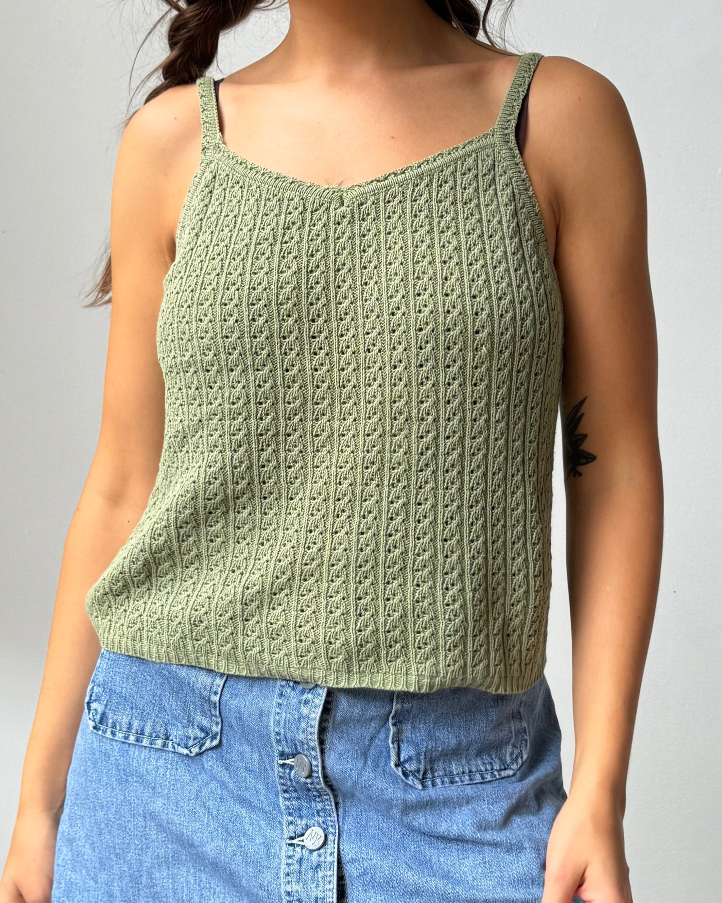 90's Sage Green 100% Cotton Crochet Tank Top - M/L