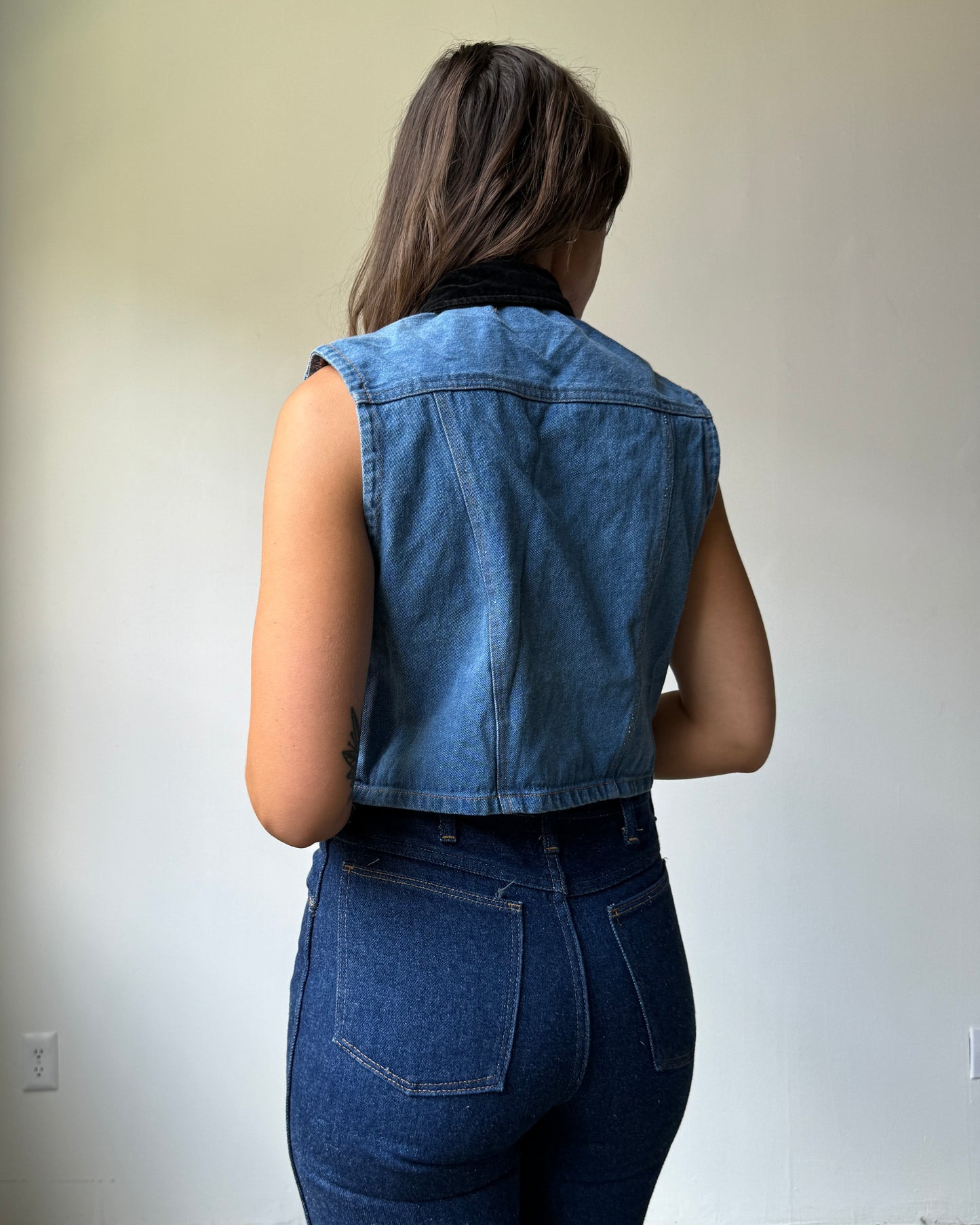 90's Contrast Collar Denim Vest Top- XS/S/M