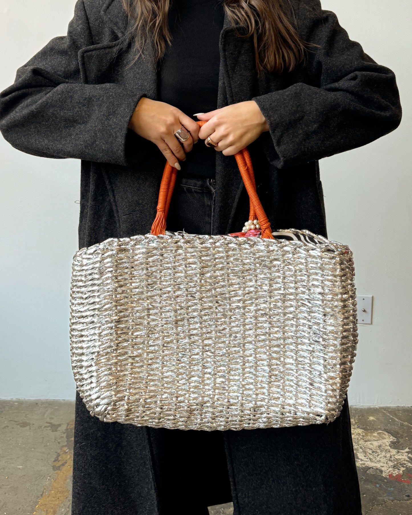 Silver Woven Tote Bag