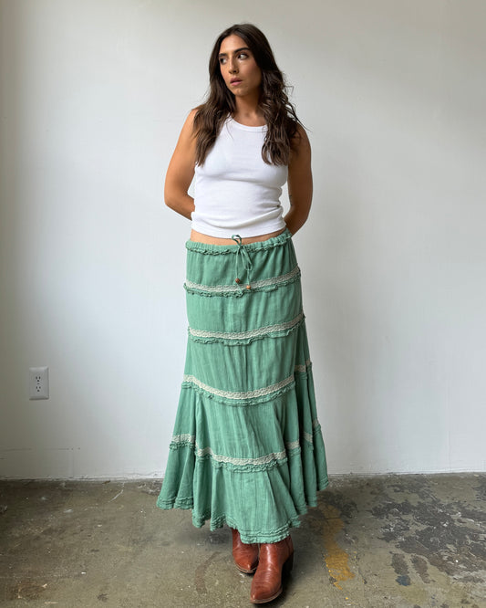 90's/Y2K Tiered Sage Green Maxi Skirt - S/M/L