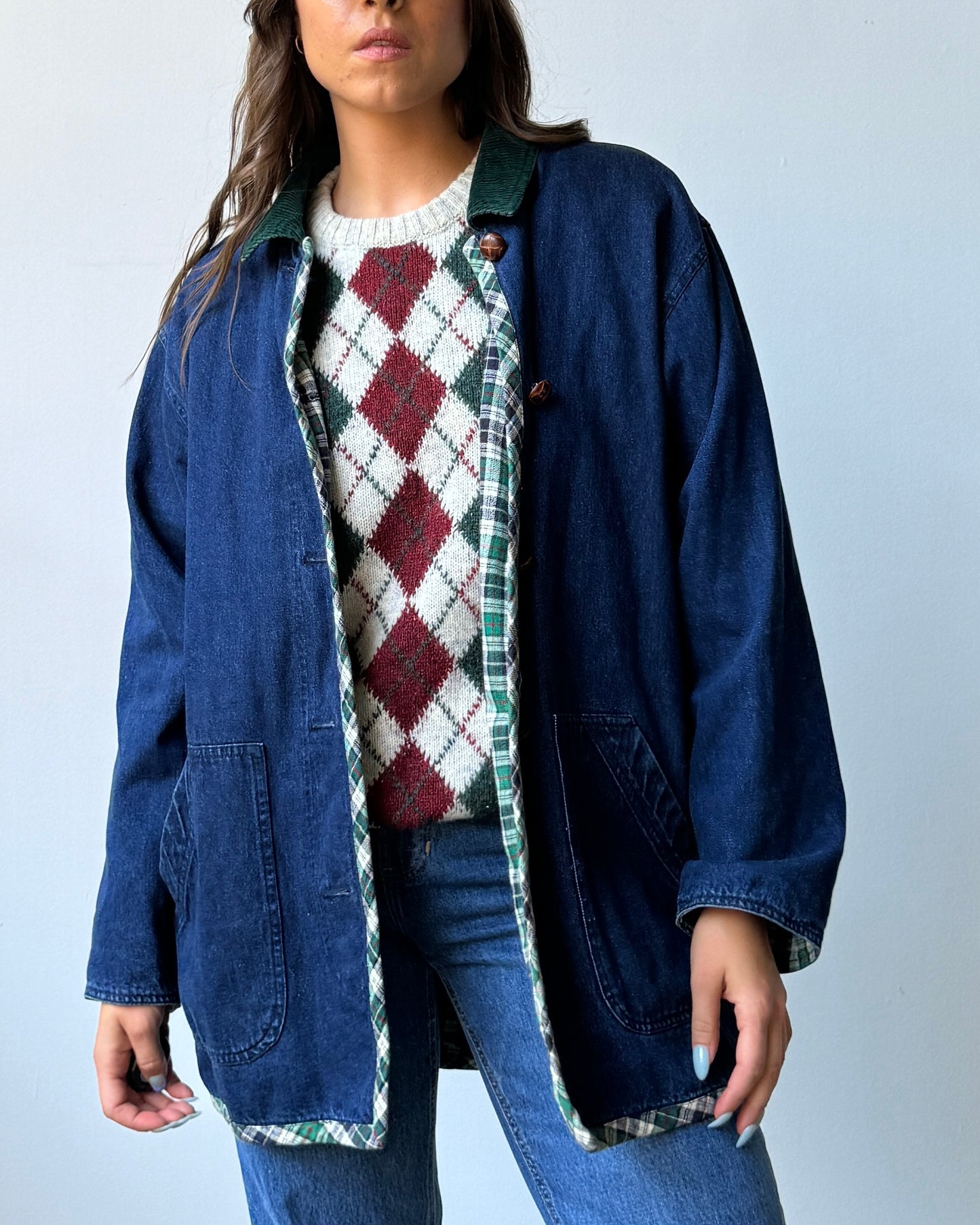 90'S Talbots Denim Corduroy Contrast Collar Flannel Lined Chore Coat - S/M