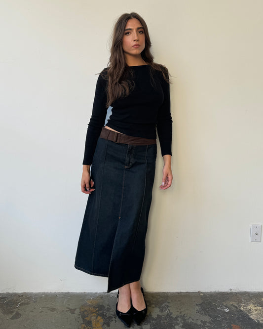 Contrast Belt Denim Maxi Skirt - 4/6