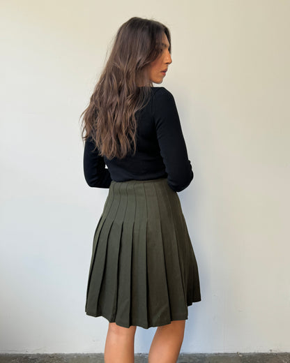 Olive Wool Pleated Skirt- 2