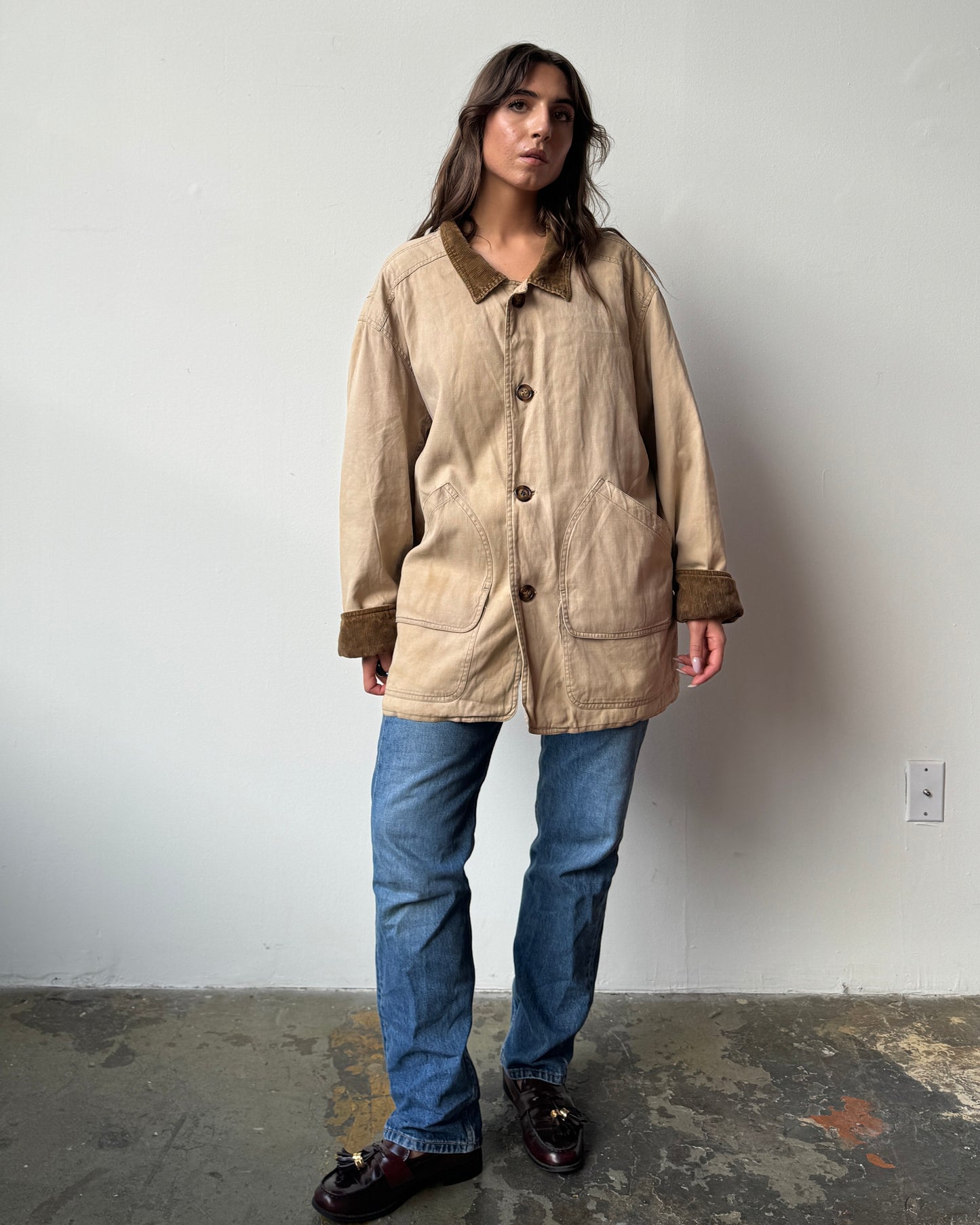 Distressed Corduroy Collar Chore Jacket - L