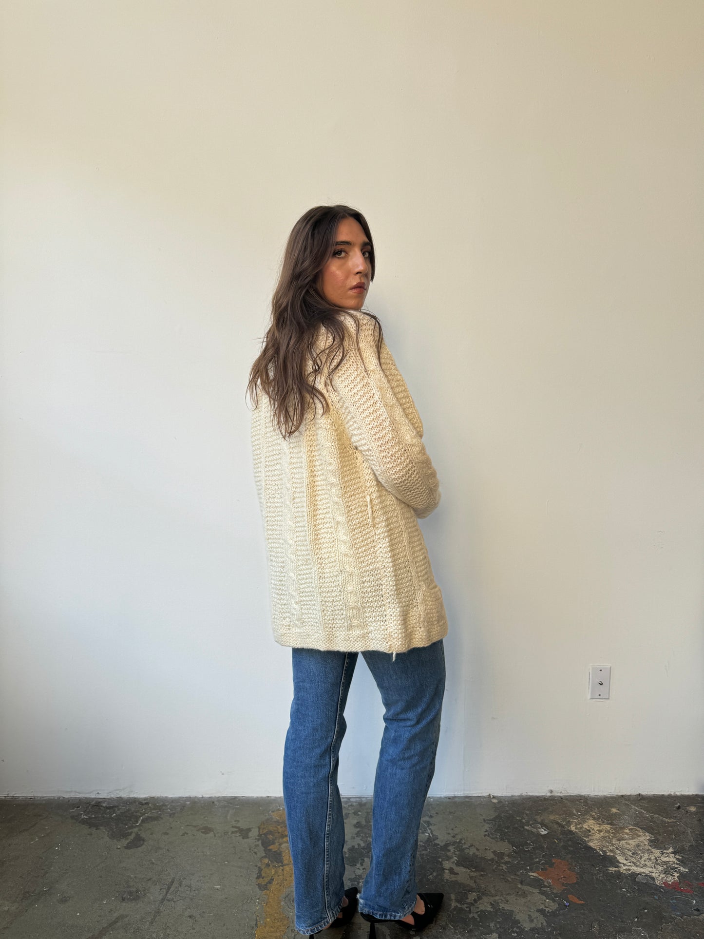 Handknit Cream Cableknit Chunky Sweater - L/XL