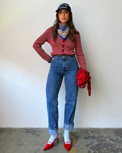 90's Cherry Striped Button Front Ribbed Top - S