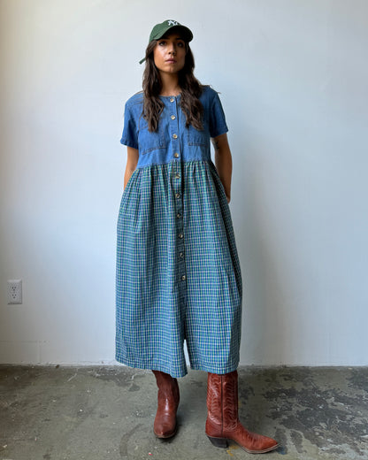 Denim & Plaid Swing Dress -S/M/L