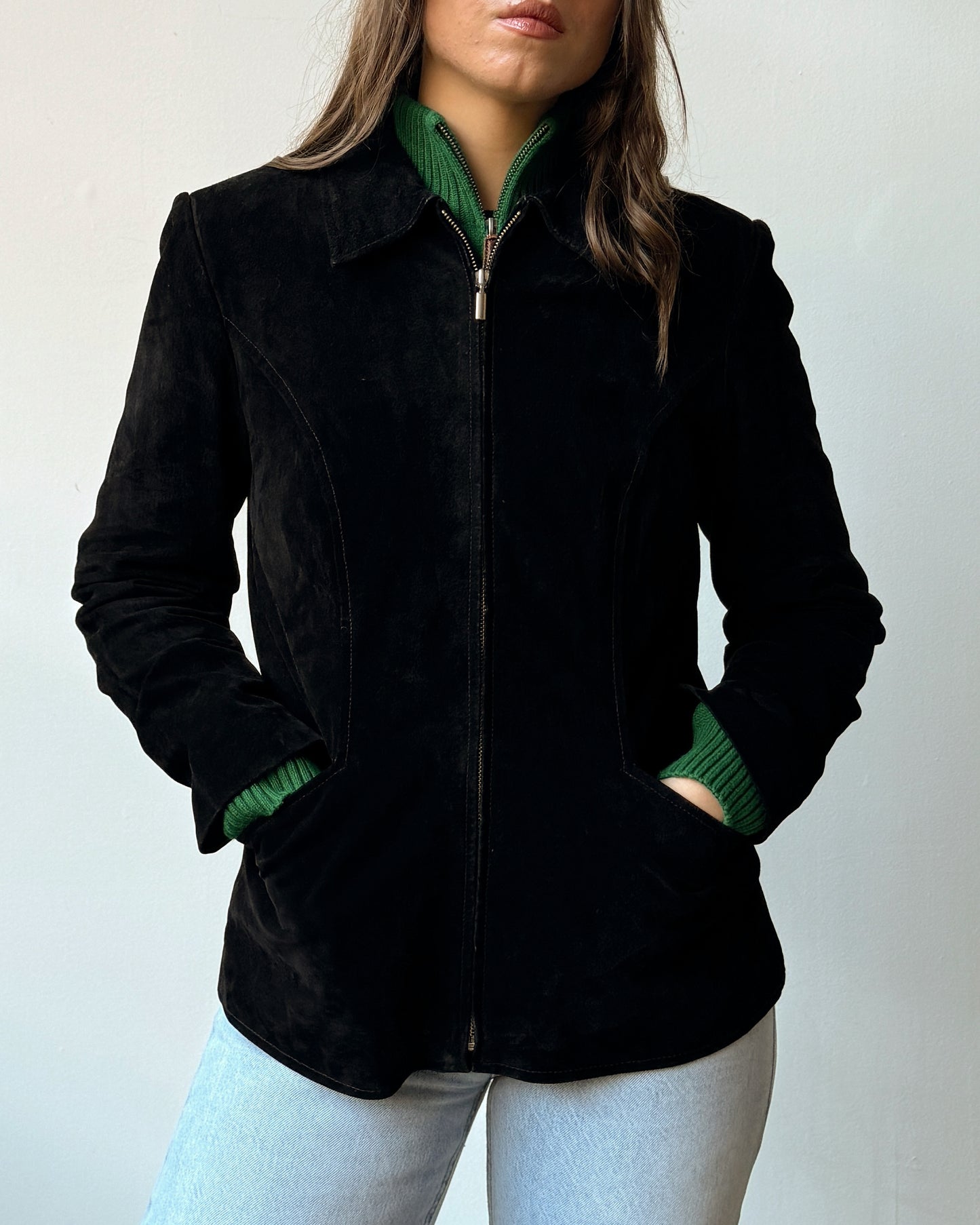 Black Suede Zip Front Jacket -M