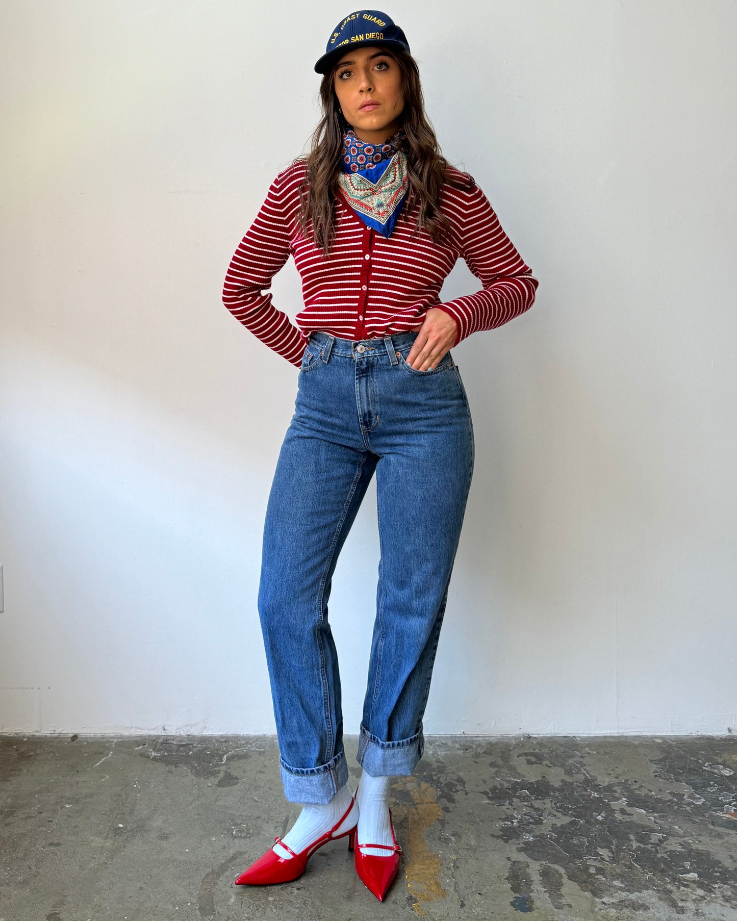 90's Cherry Striped Button Front Ribbed Top - S