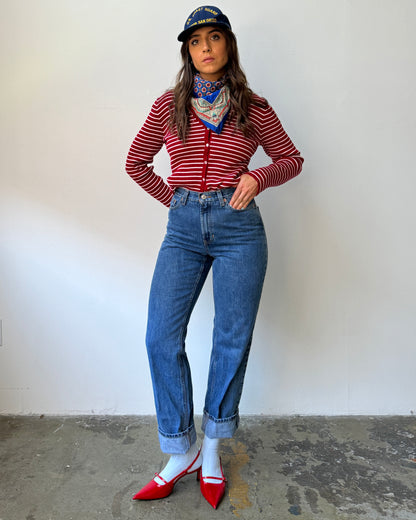 90's Cherry Striped Button Front Ribbed Top - S