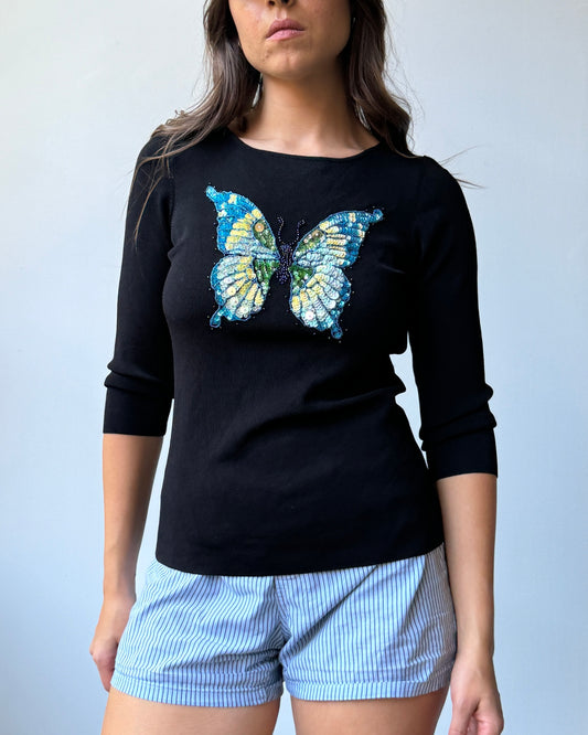 Y2K Butterfly Sequin Top - M