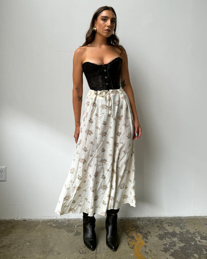 80's Cream Floral Midi Skirt- S/M/L