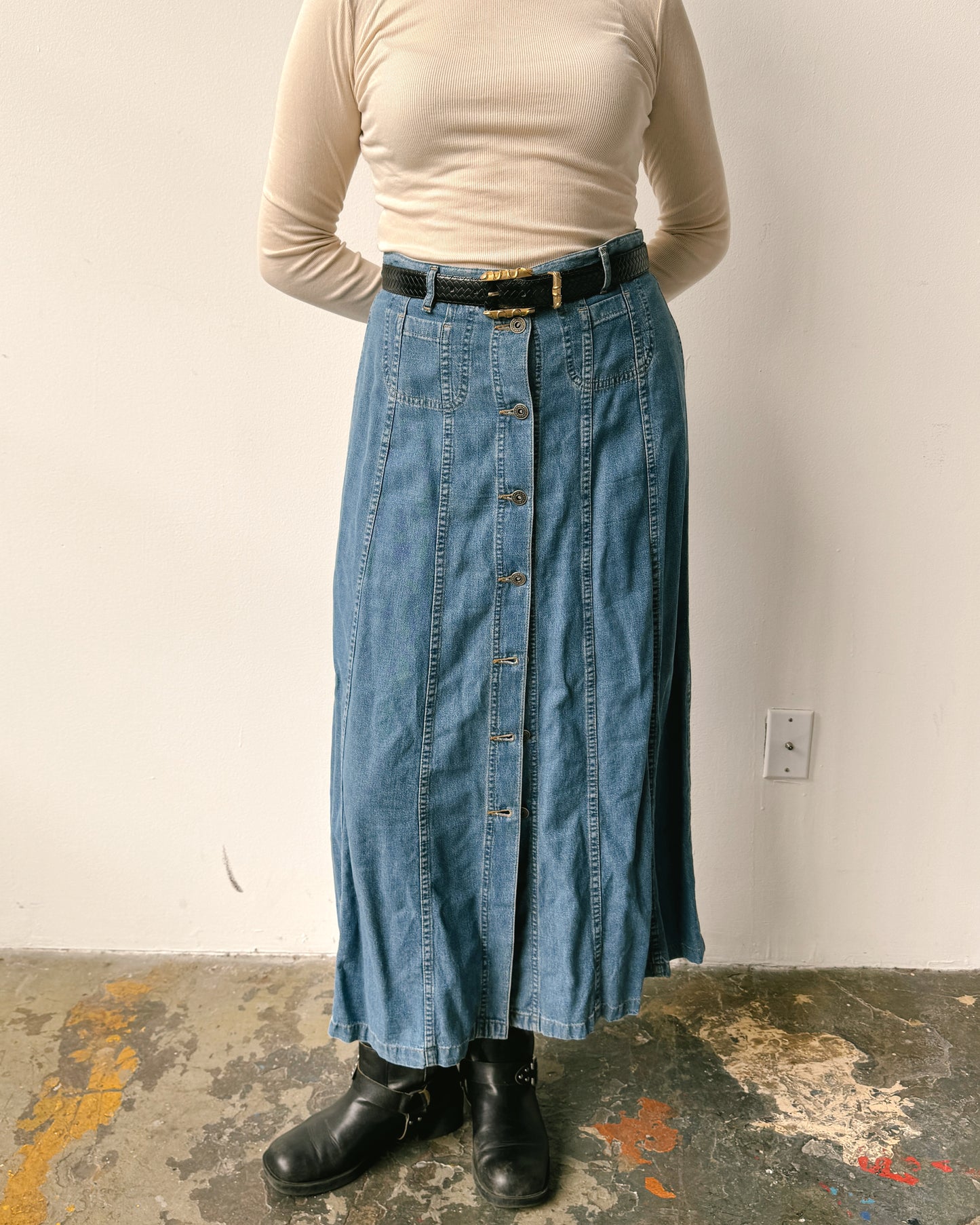 Button Front 100% Cotton Denim Maxi Skirt- 8/10