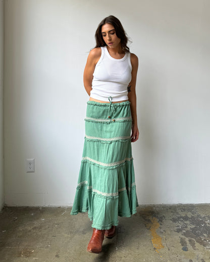 90's/Y2K Tiered Sage Green Maxi Skirt - S/M/L