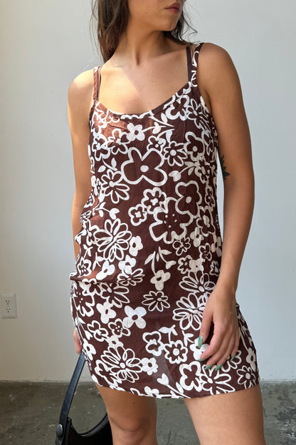 90’s Brown & White Floral Chiffon Slip Dress- S/M