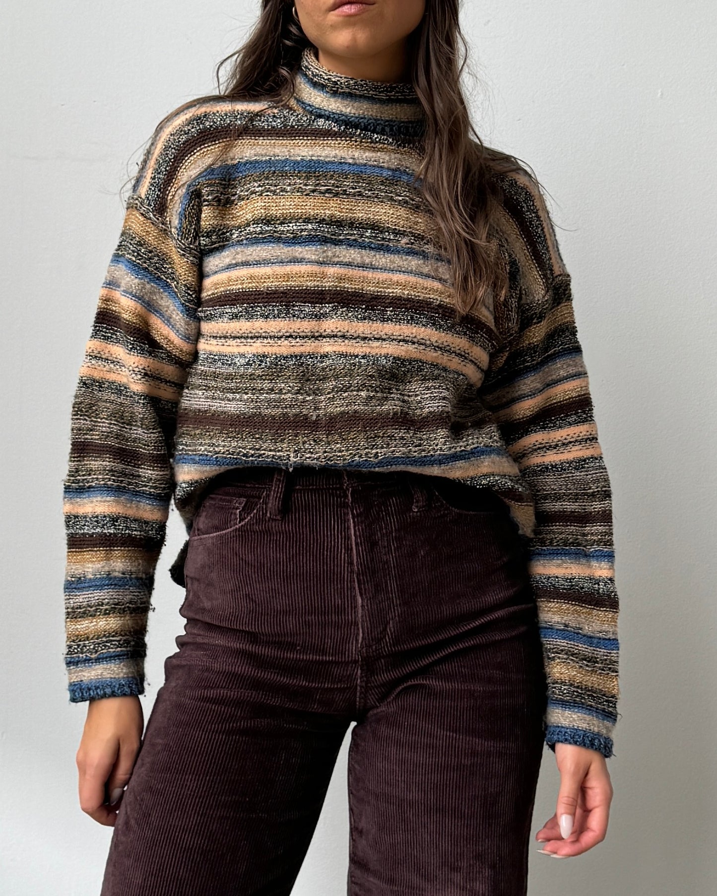 90's Wool Blend Striped Turtleneck Sweater - M