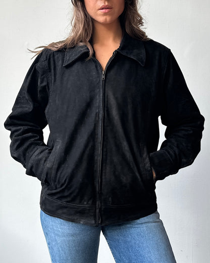 Suede Zip Front Leather Bomber Jacket - L