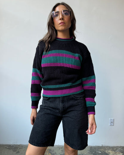 Magenta & Green Stripe Chunky Sweater - S