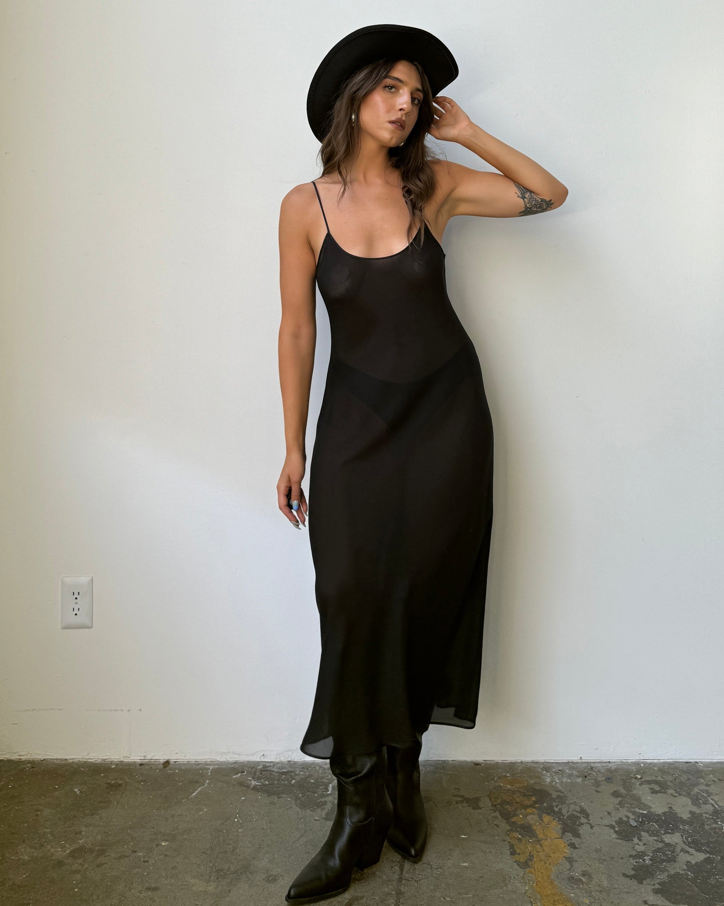 90's Minimalist Satin Trim Sheer Maxi Slip Dress -S/M/L