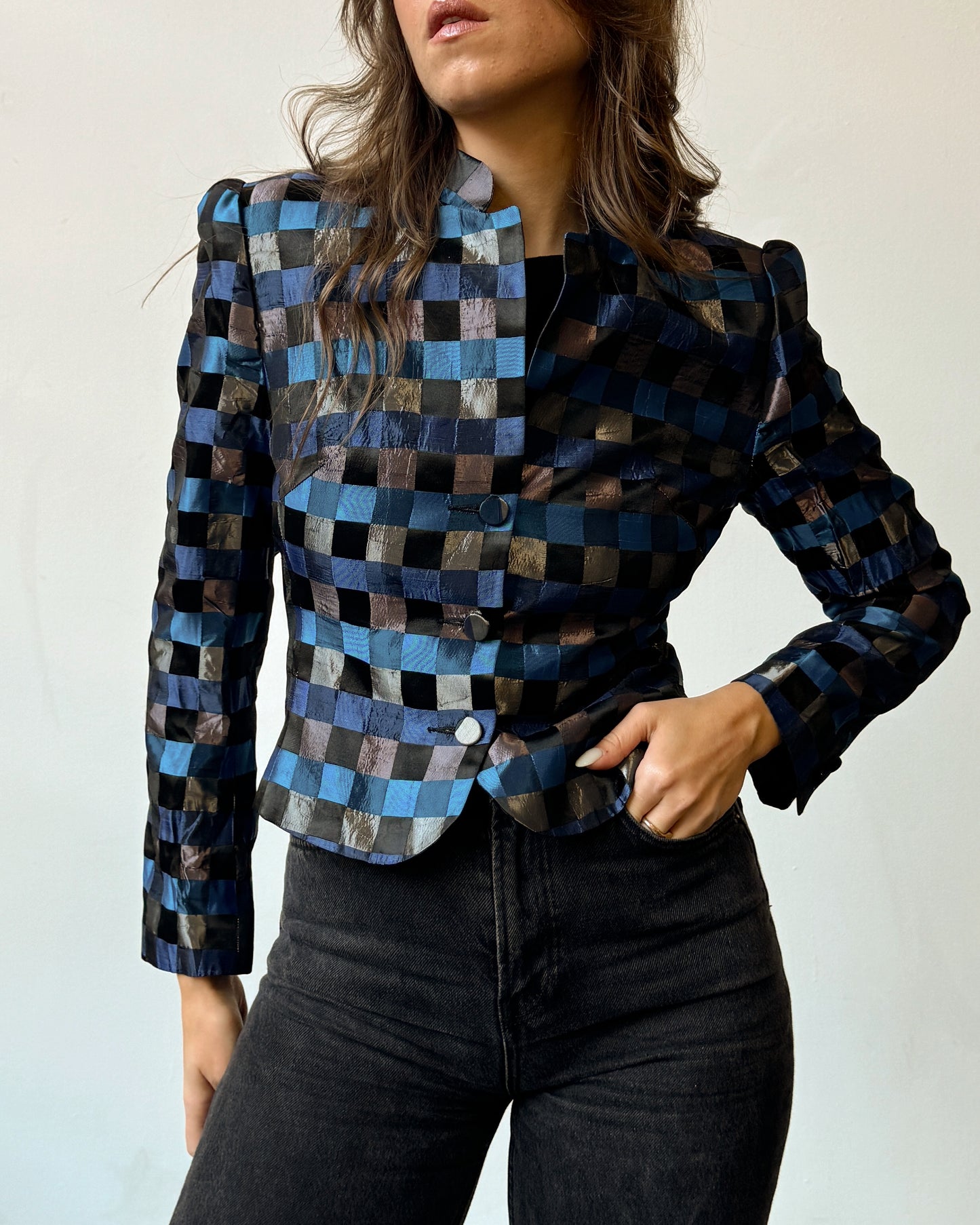 Lightweight Silk Checkered Blazer Jacket - S