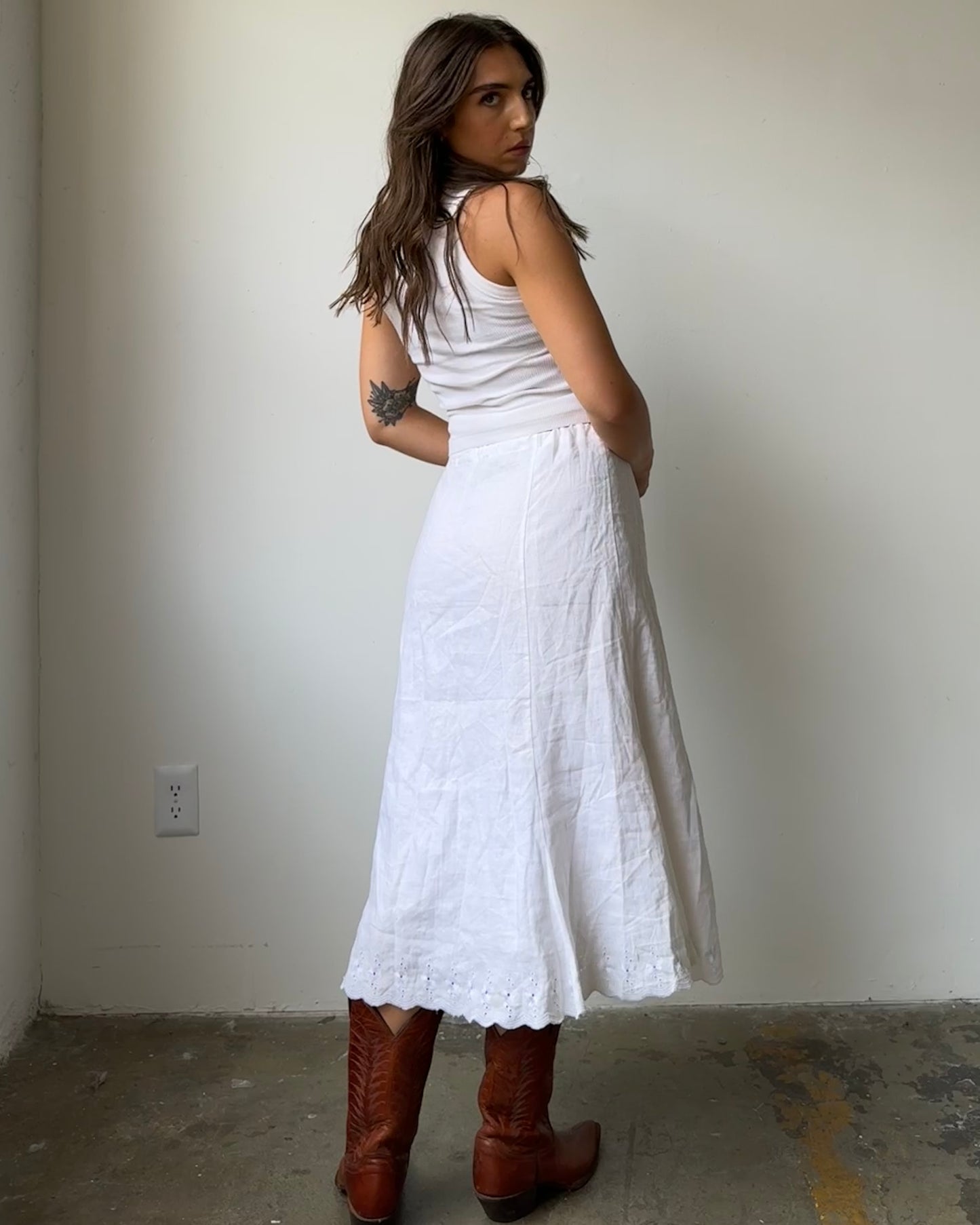 90's/Y2K 100% Linen Embroidered Eyelet Hem Midi Skirt- S/M/L