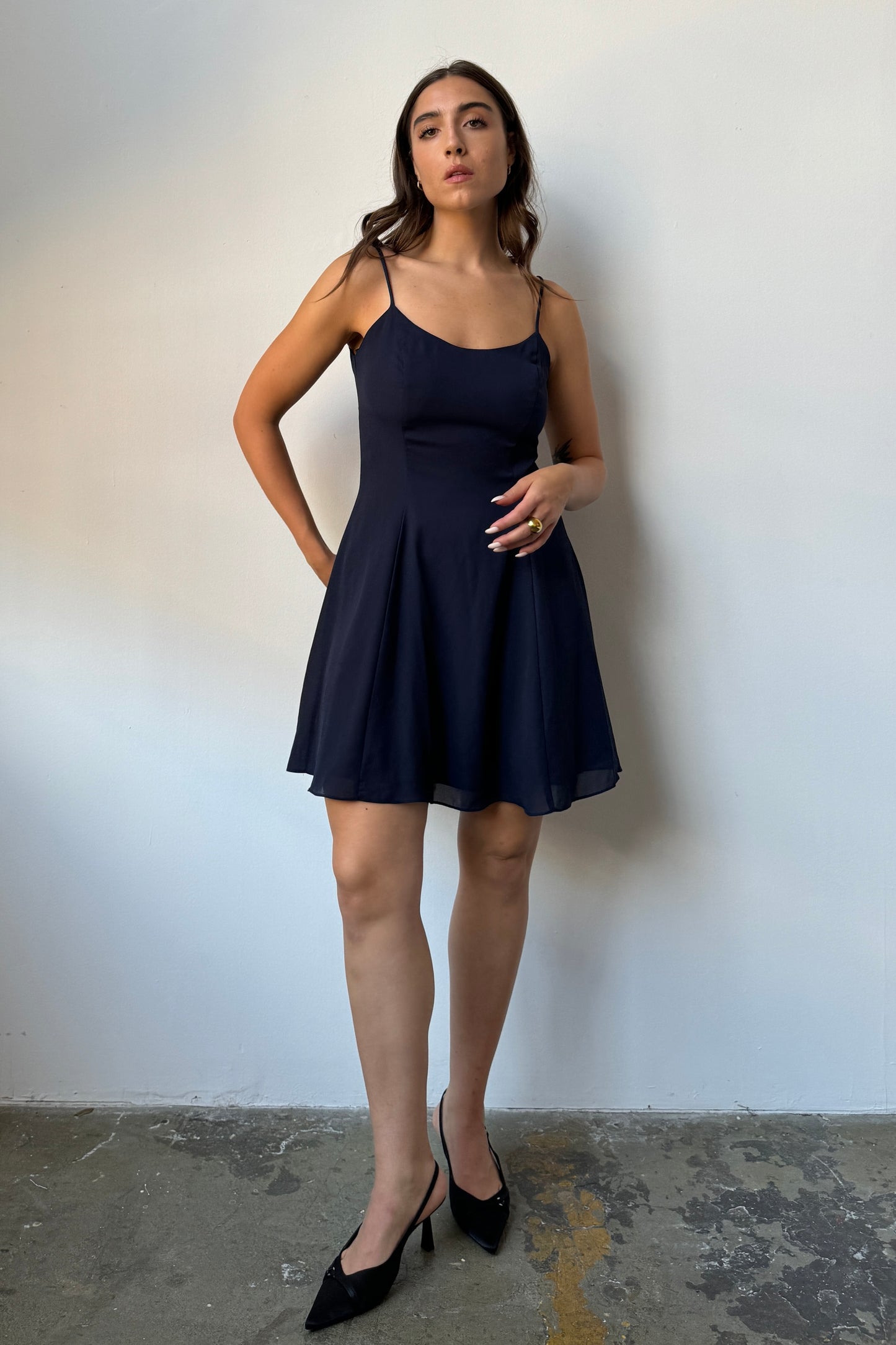 90’s Chiffon Layered Navy Mini Dress - 8