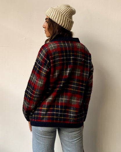 Plaid Chunky Knit Cardigan - M