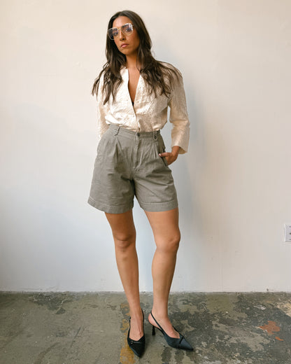 Olive Pleated Waist Shorts - 4