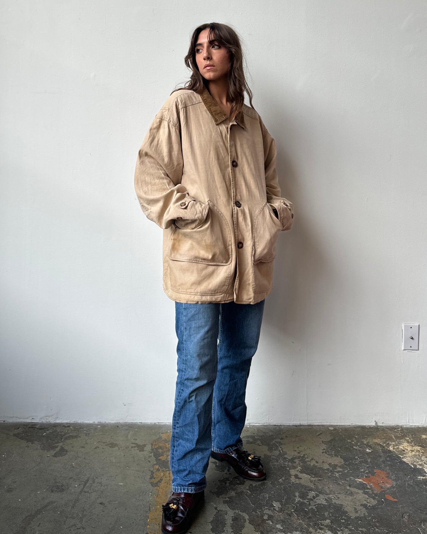 Distressed Corduroy Collar Chore Jacket - L