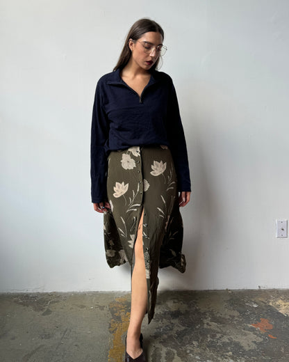 Olive Floral Silk Skirt- L